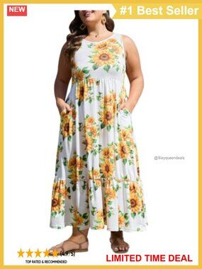 Sleeveless Tank Maxi Dress Plus Size Flowy Beach Vacation Sundress with Pockets